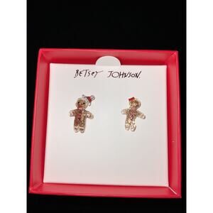 New Betsey Johnson Christmas Gingerbread Stud Earrings Sparkly Santa Hat And Bow